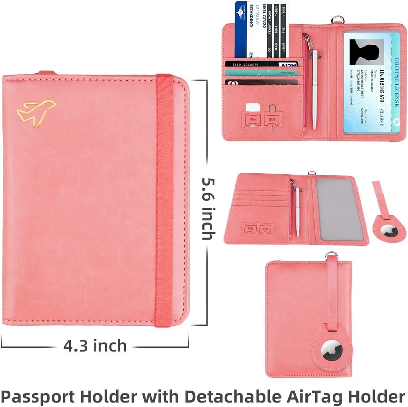 WALNEW AirTag Passport Holder, PU Leather Airtag Wallet RFID Blocking Passport Cover Travel Essentials Case for Women Men (Dark Pink) - Image 4